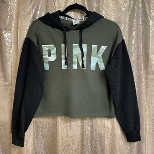 PINK Victorias Secret Army Green Black Cropped Hooded Sweater, XS
